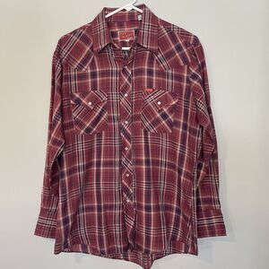 Vtg Ely Plains Shirt‎ Red Plaid Pearl Snap Western Rodeo Cowboy 16-33 Large READ